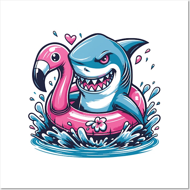 Shark & Flamingo Pool Party Summer Fun Beach Humor Wall Art by Graphic Duster